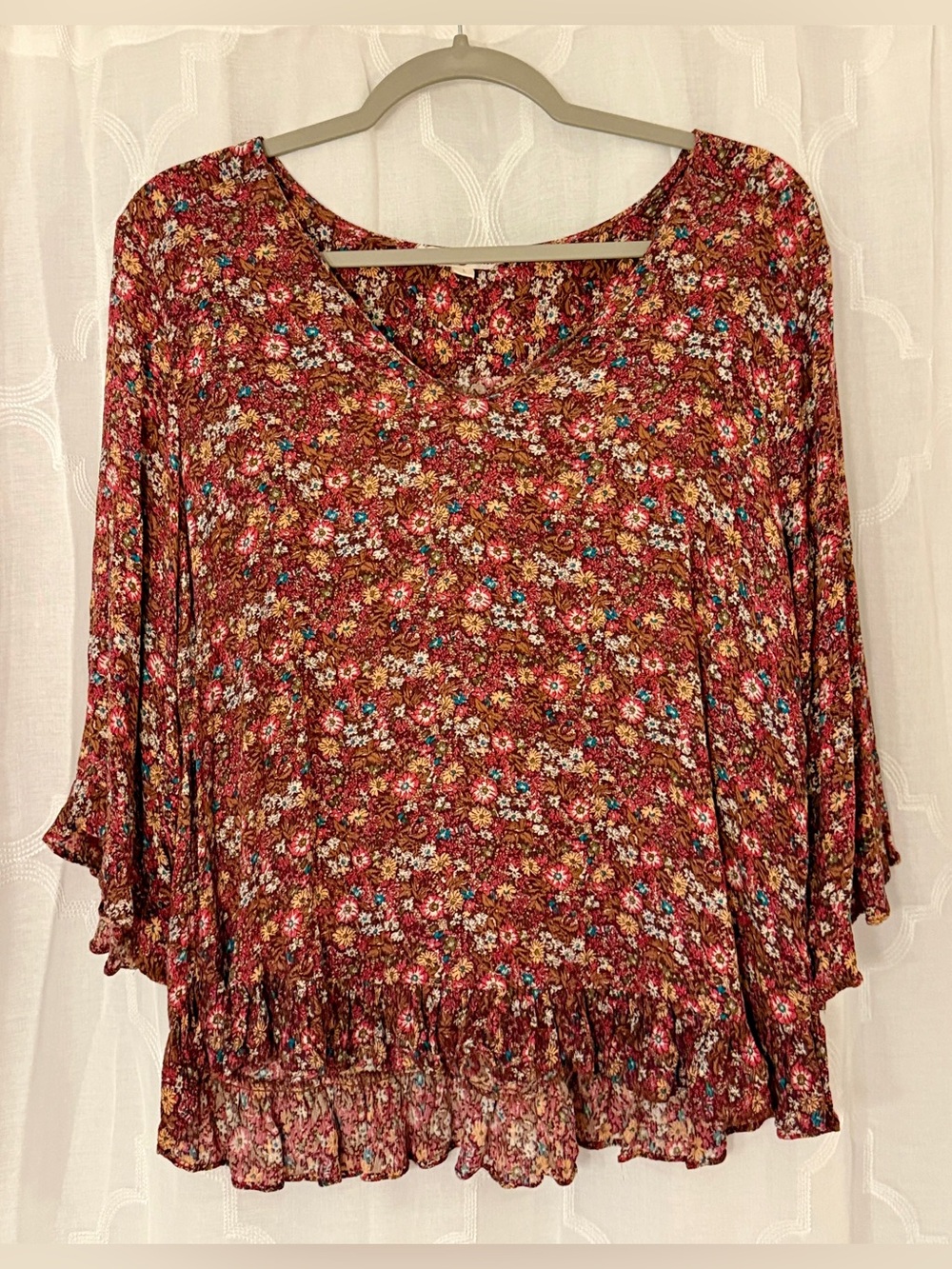 Rose & Thyme Large Rust Floral Bell Sleeve Ruffle Boho Blouse